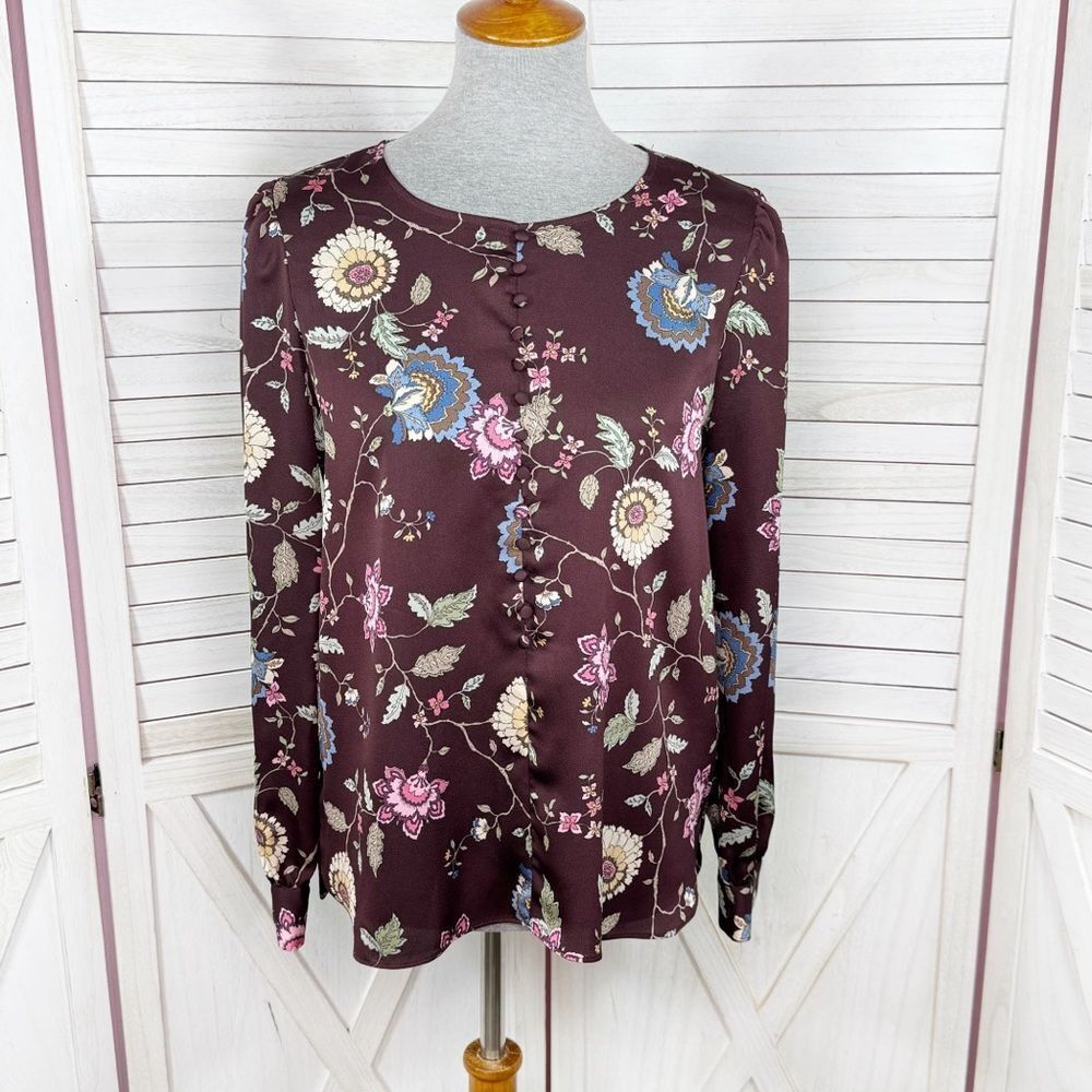 Vince Camuto Floral‎ Puff Sleeve Button Front Blouse Brown Pink Small Wildflower